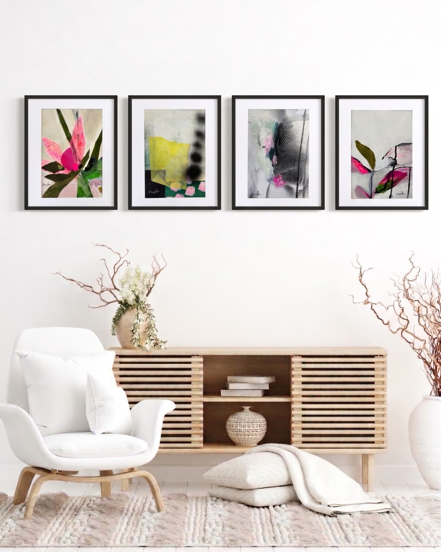 In Neon Bloom, Weathered Bloom, Tethered Mist and Permeable Borders shown framed together in an interior setting