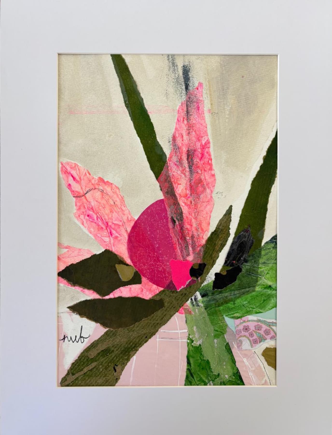 In Neon Bloom, hand-cut paper collage botanical in neon pink and olive by Nicola von Bratt