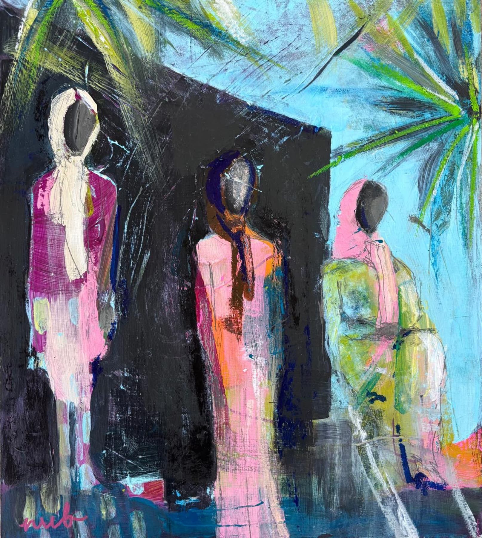 Noon in the Courtyard, three figures under palm fronds by Nicola von Bratt