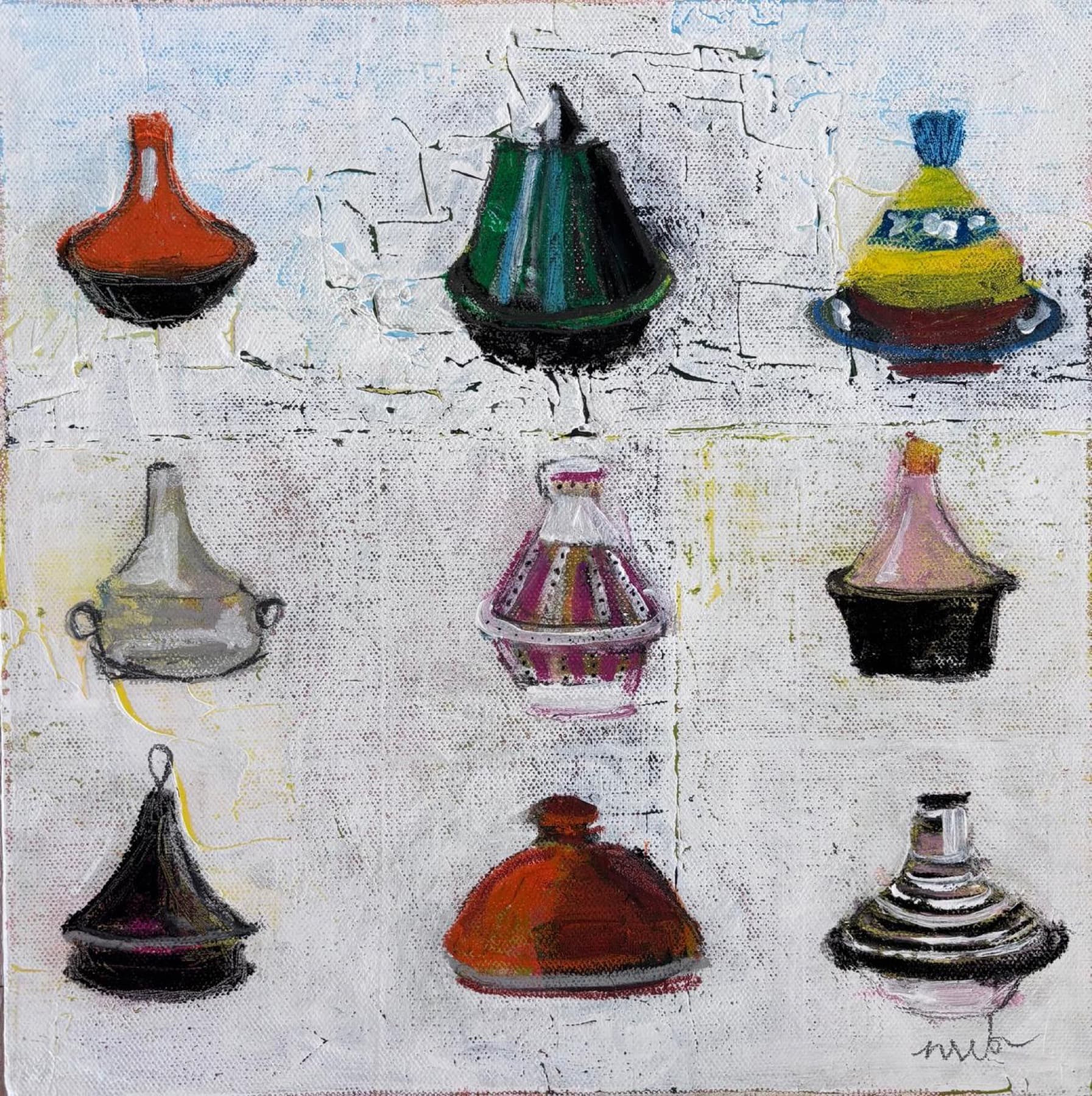Order of the Tagines, nine painted tagine vessels on a pale ground by Nicola von Bratt