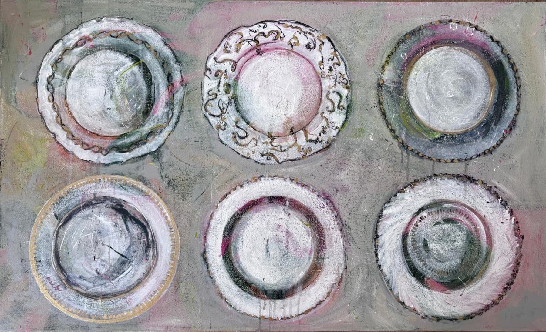 The Dinner, six layered plate forms in mixed media by Nicola von Bratt