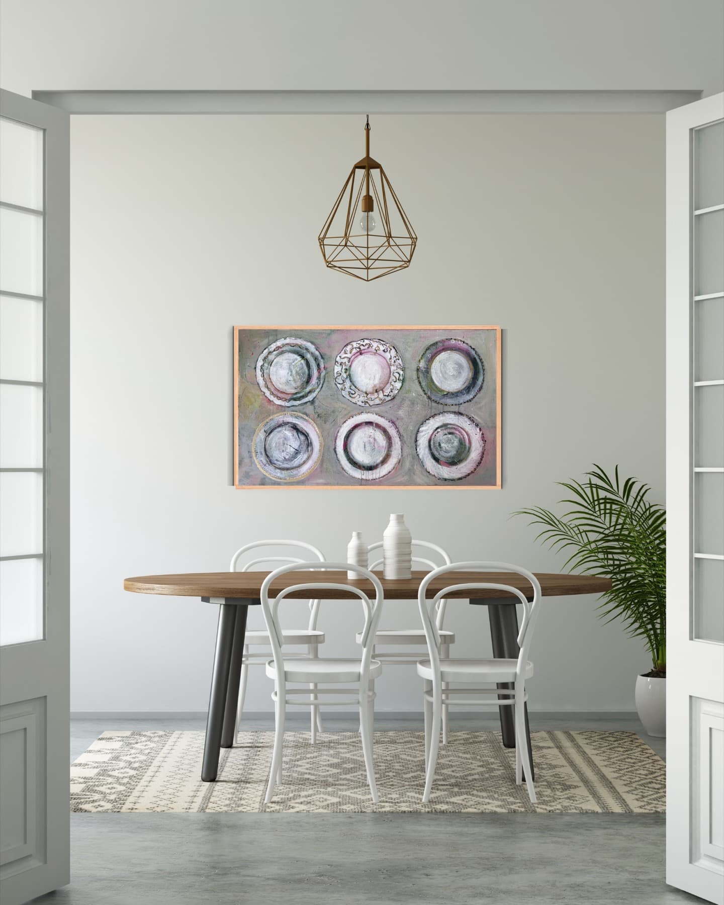 The Dinner framed above a dining table in an interior setting