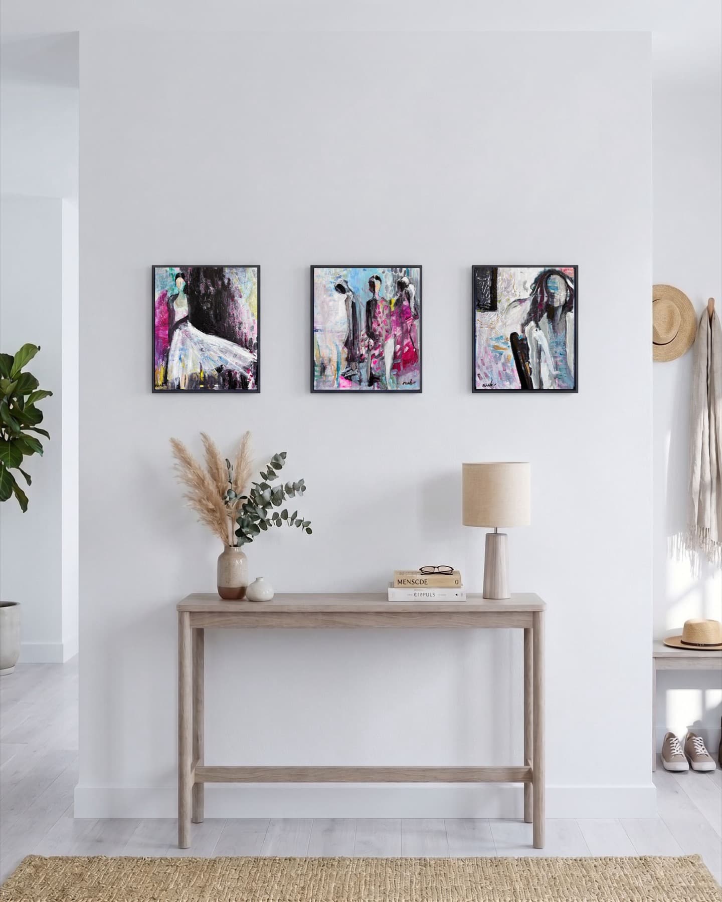 Three Versions of Yesterday, Interval of Rest and Grace shown framed together in an interior setting
