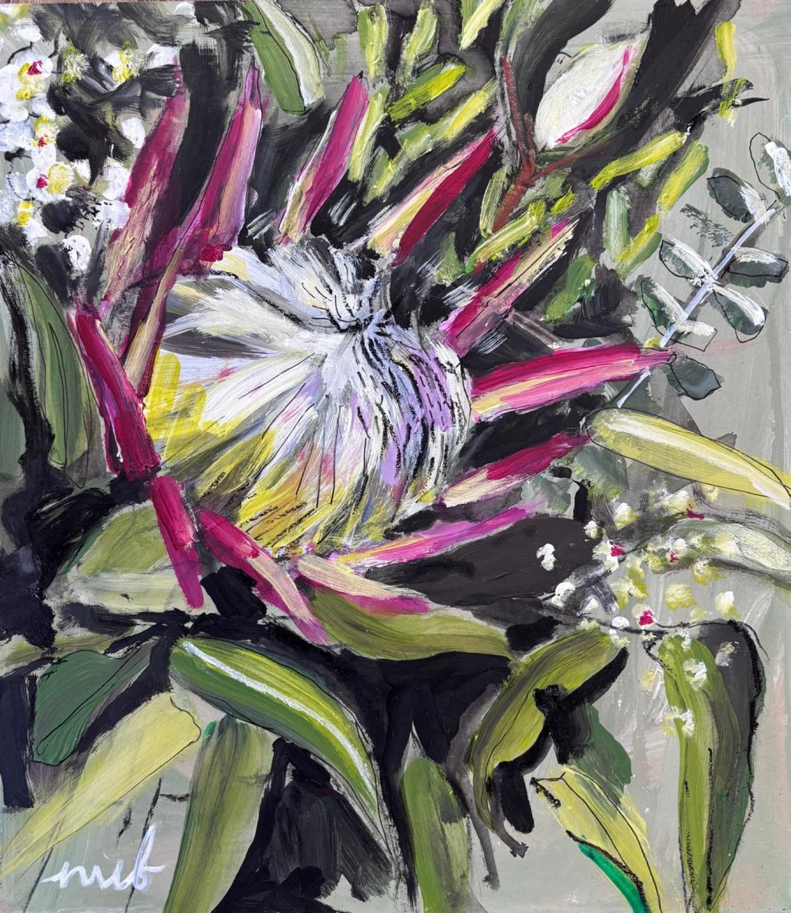 King protea in magenta and yellow against a grey-green ground, by Nicola von Bratt