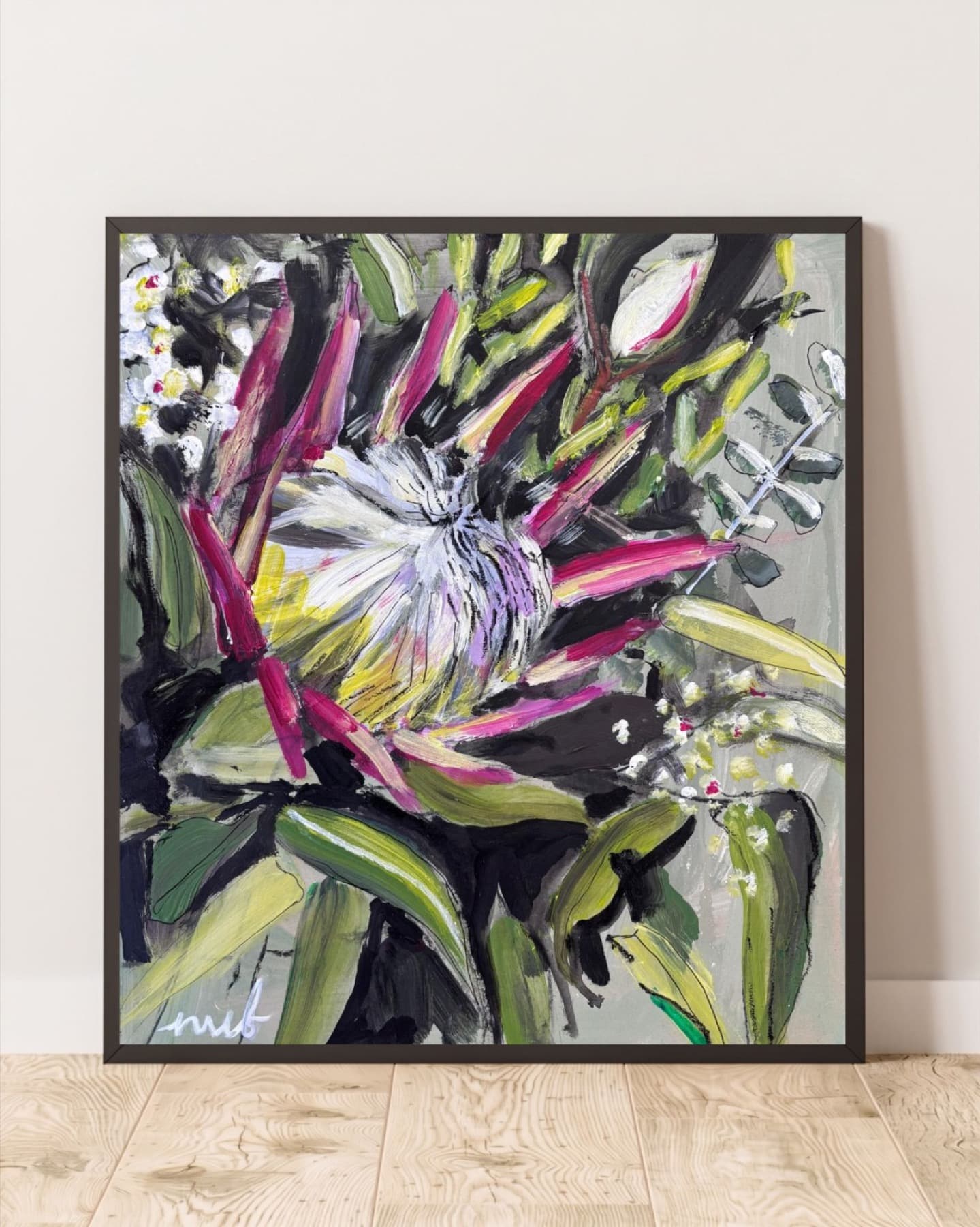 King protea painting shown in a black frame against a wall