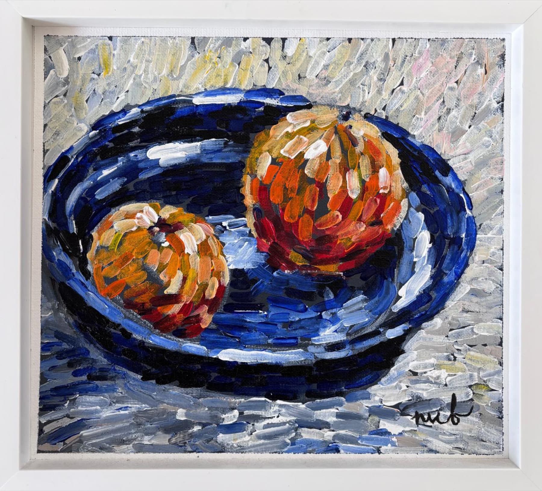 Still Life with Oranges, framed in white